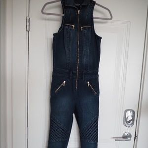 Bebe Denim Jumpsuit with Gold Zippers and Pleating